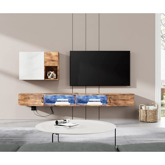 Floating TV Stand Wall Mounted Shelf with Blue LED Lights, Wood Media Console Entertainment Center Under TV, Cabinet Hutch Desk Storage for Living Room,Rustic Brown