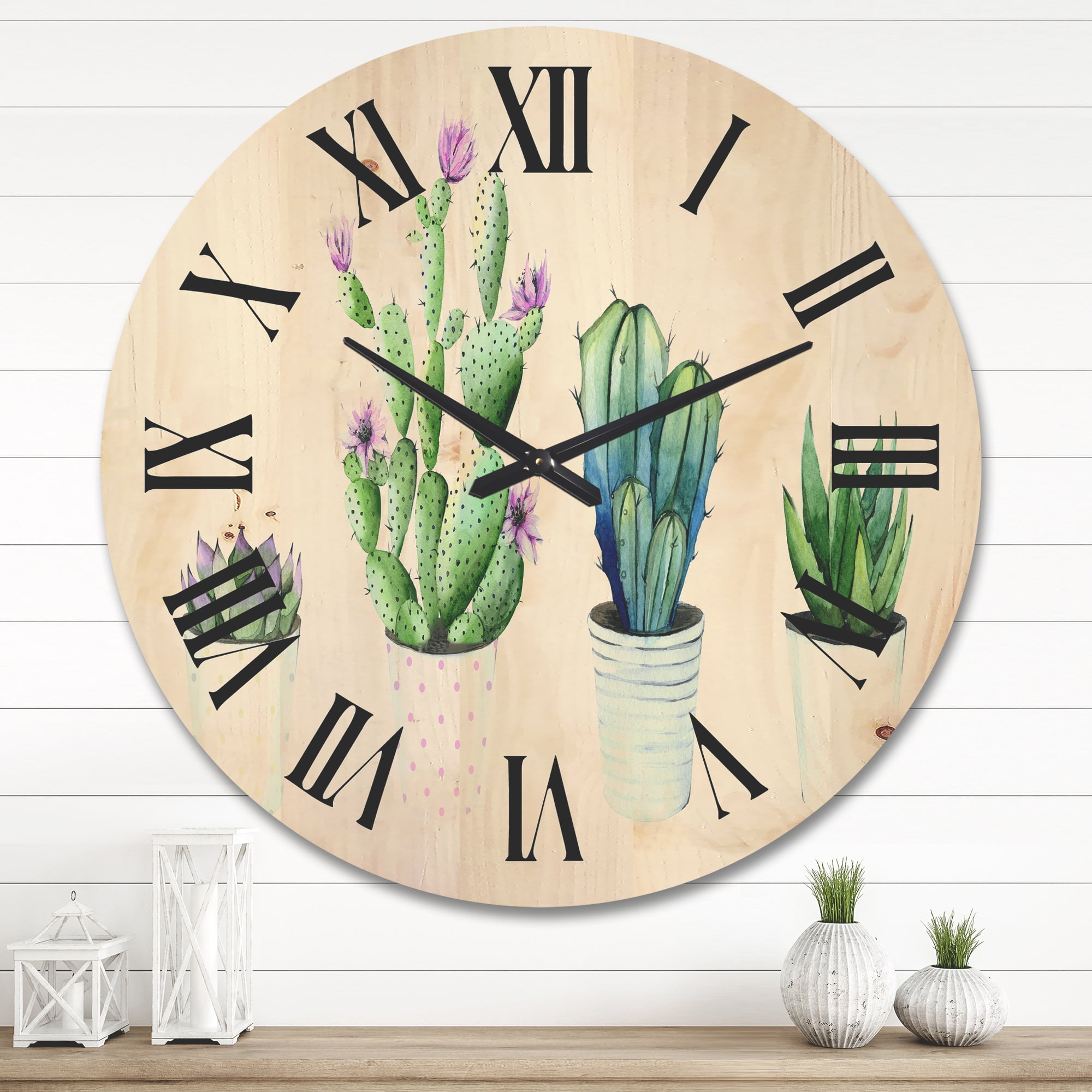 Designart 'Aloe Vera Cactus Succulent Home Plants In The Pots' Farmhouse Wood Wall Clock