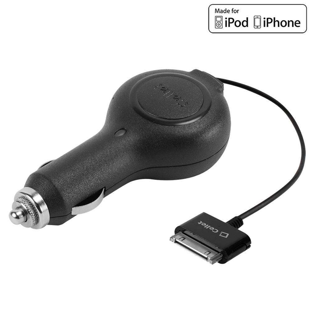 Cellet Retractable 5Watt (1Amp) Plug in Car Charger for Apple iPod