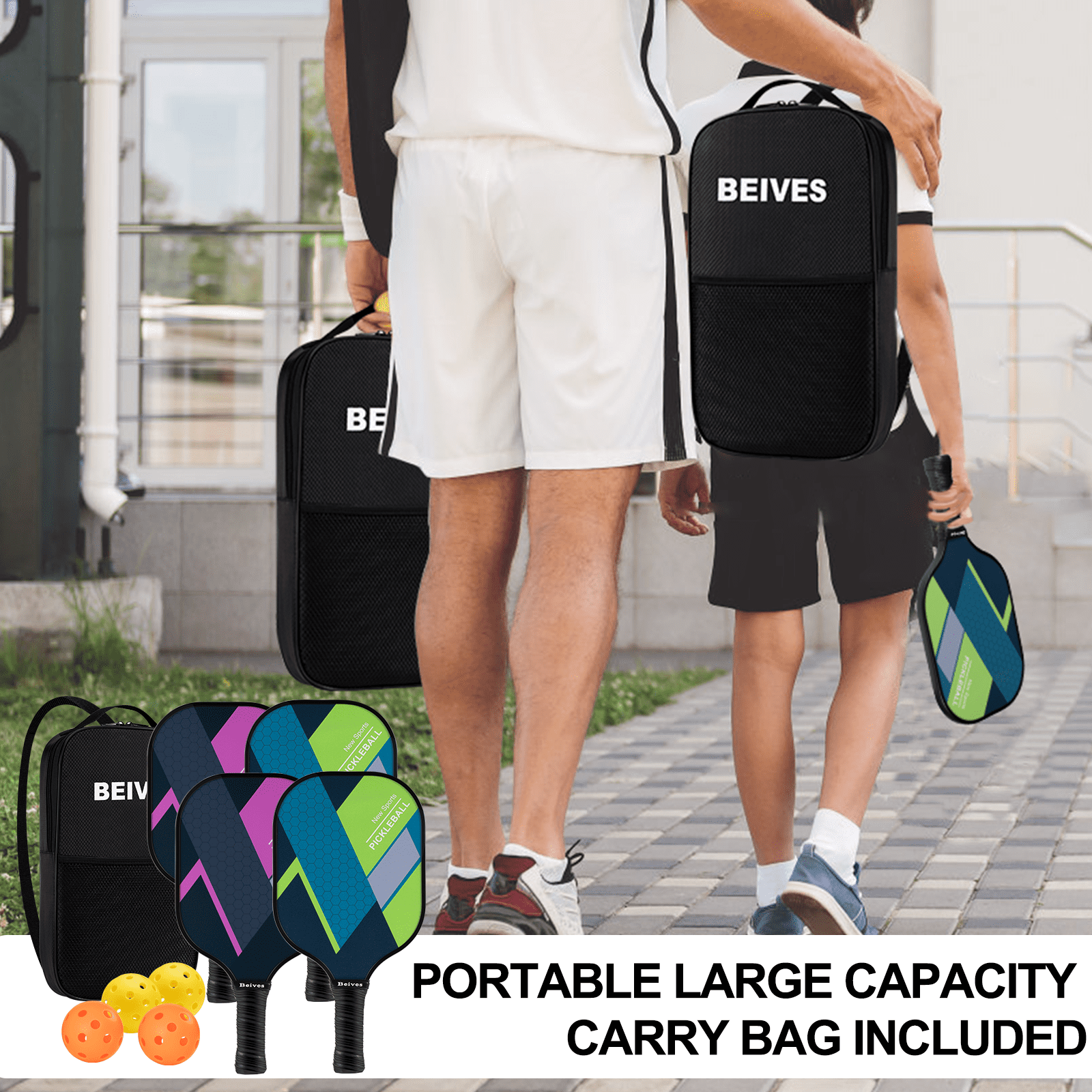 BEIVES 4-Pack Fiberglass Pickle Ball Set with 4 Balls & Portable Bag - Lightweight Pickleball Paddles for Indoor/Outdoor