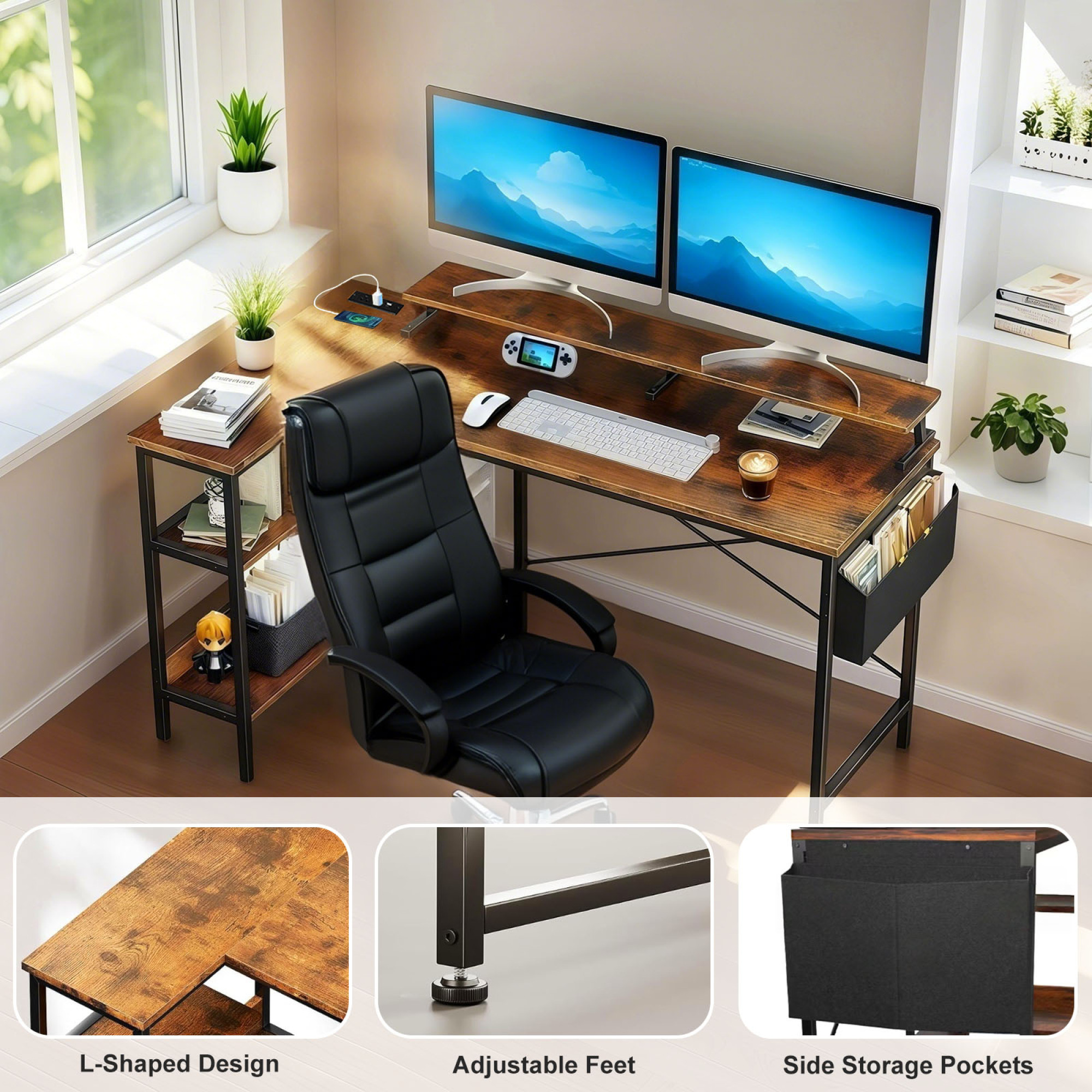 L Shaped Computer Desk with Monitor Stand 47'' Gaming Desk with Power Outlets, Office Desk with Side Bag for Home Office, Bedroom