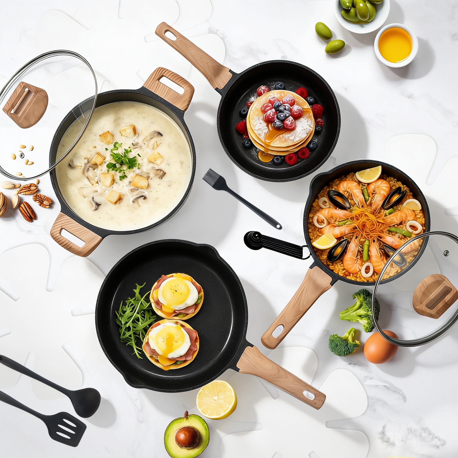 CONCETTA 25 Piece Nonstick Ceramic Cookware Set, Black Granite Induction Pots and Pans with Stay-Cool Handles & Lids, Healthy Kitchen Cooking Set