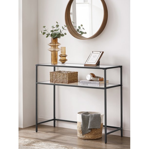 VASAGLE 39.4" Console Table Entry Sofa Glass Table with 2 Shelves Steel