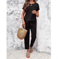 thumbnail image 2 of Women's Linen Pant Set 2 Piece Summer Tie Waist Matching Outfit Crochet Short Sleeve Shirt Pants Suits Casual Soft Fashion Straight Leg Black Small, 2 of 5