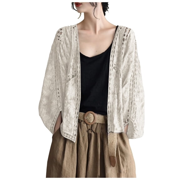 Women’s Summer Hollow Knit Cardigan Lightweight Open Front Quarter Sleeve Daily Casual Beach Cover Up Top One Size