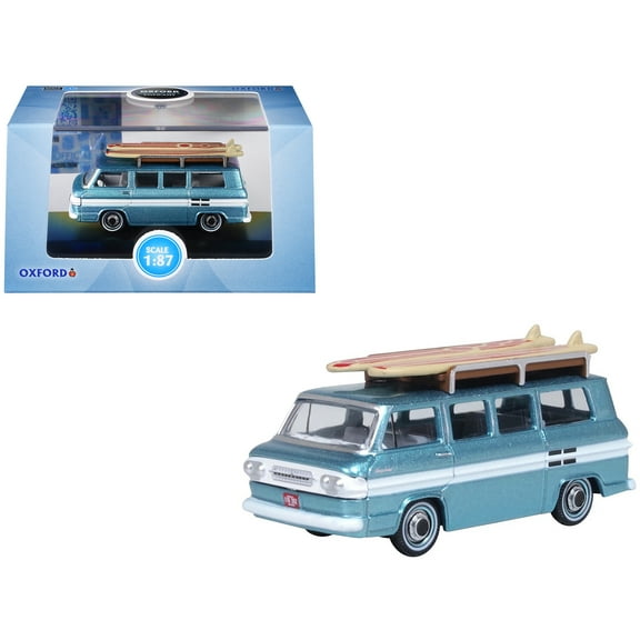 1961 Chevrolet Corvair Greenbrier Van Turquoise Met & Cameo White w/Surfboards 1/87 (HO) Scale Diecast Model Car Oxford Diecast