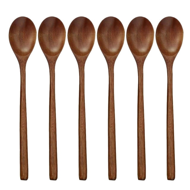 Set Of 6 Long Wooden Spoons Natural Teak Soup Utensils For Kitchen Dining Serving