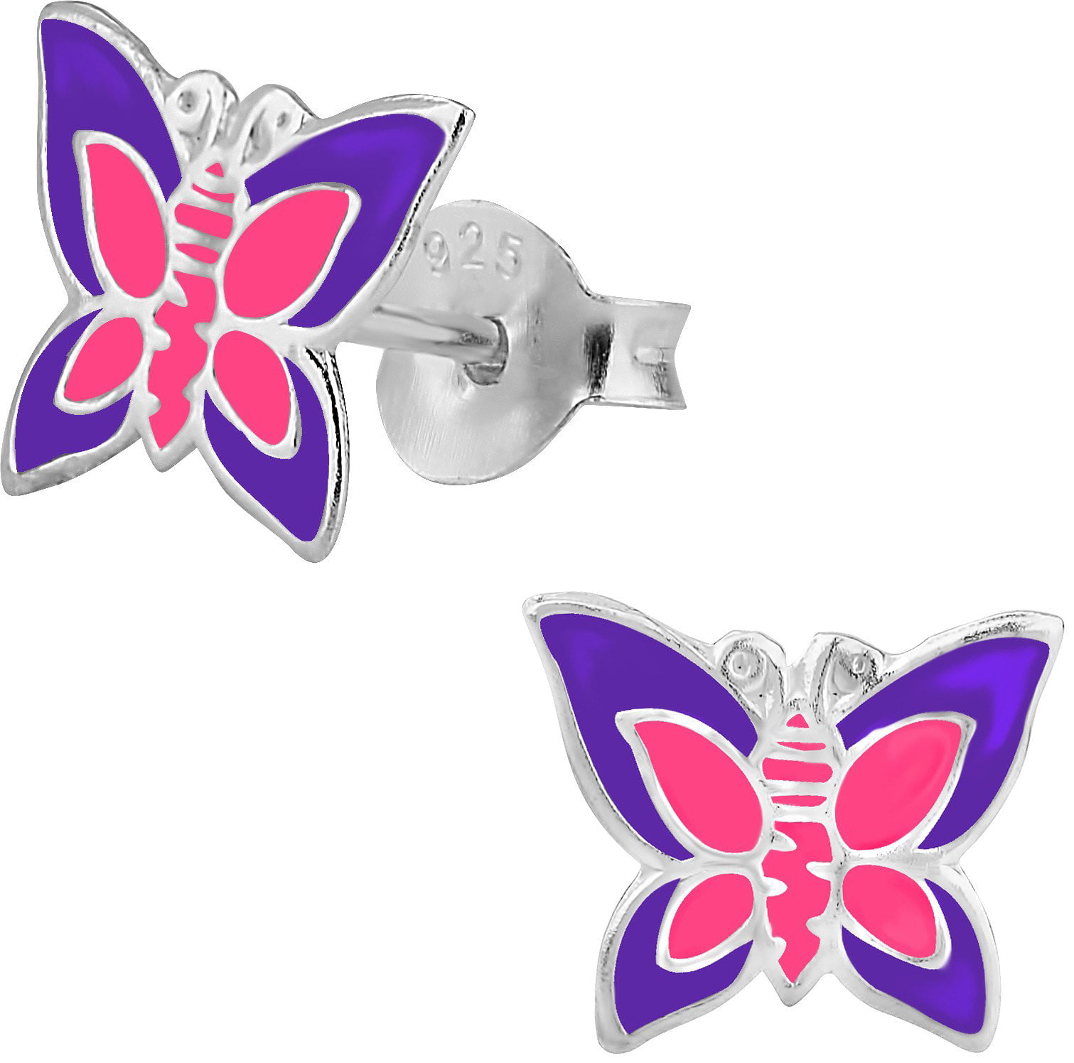 925 Sterling Silver Purple Butterfly Glitter Enamel Stud Earrings Kids Girls 