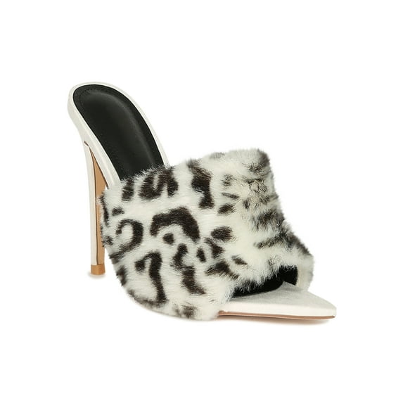 Women Faux Fur Pointed Open Toe Stiletto Mules Heel Sandal 18571