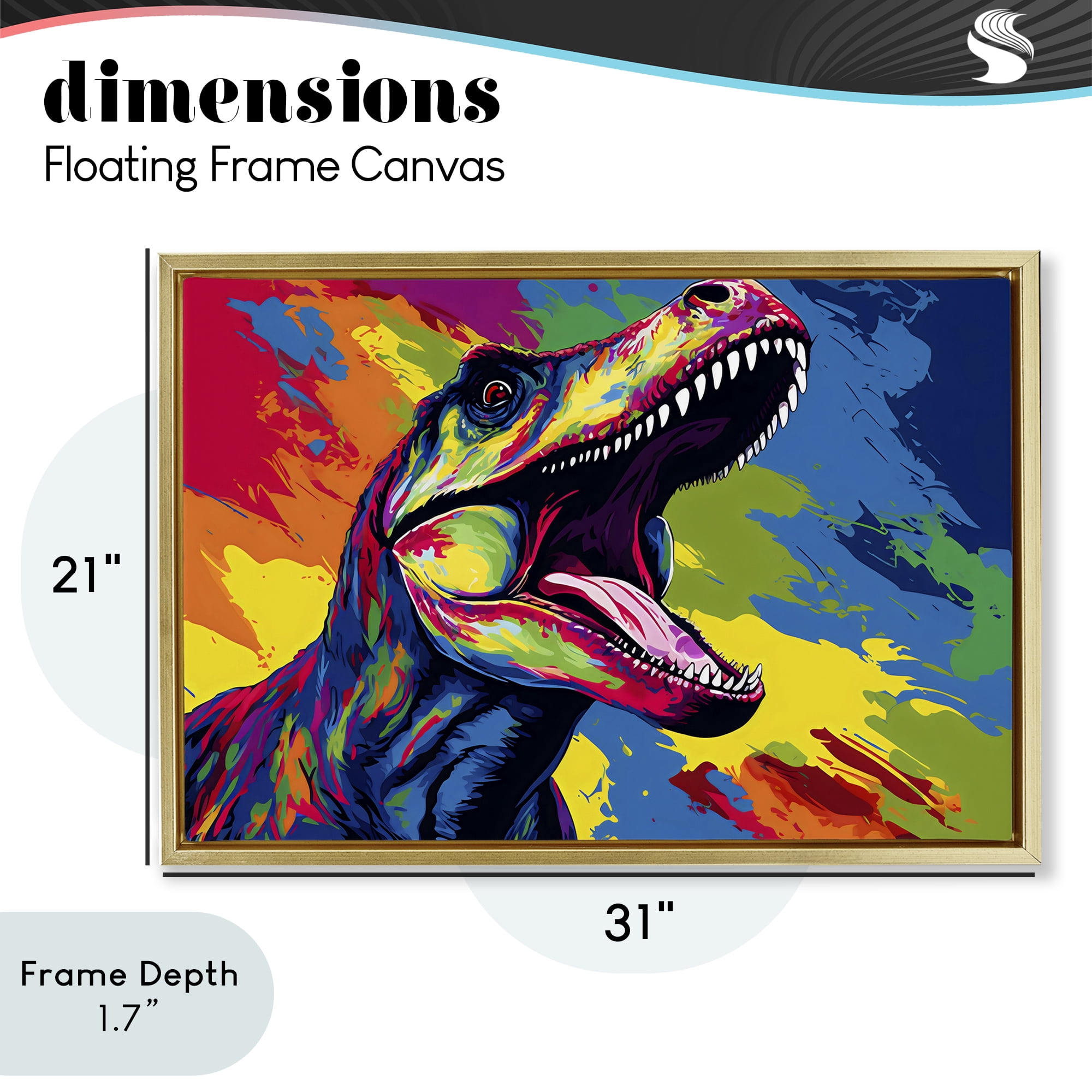 Stupell Industries Brightly Colored Dinosaur Gold Framed Floater Canvas Wall Art, design by Creative Studio