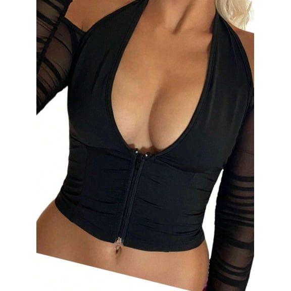 Women Black Shirts Long Sleeve See Through Lace Trim Square Neck T Shirt Tops