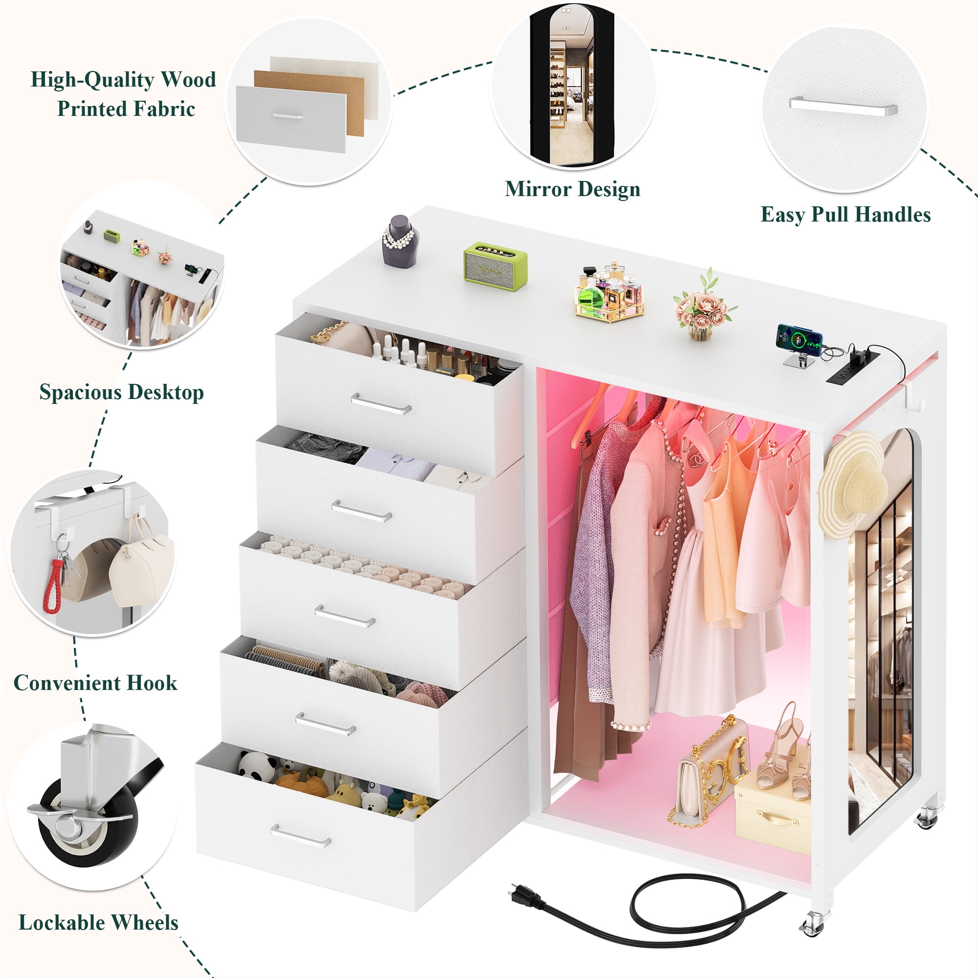Homieasy Dresser for Bedroom with Clothes Rack & Mirror, Black 5 Drawers Dresser with Charging Station & LED Lights, Rolling Chest of Drawers with Wheels, Full Length Mirror, Wooden Top
