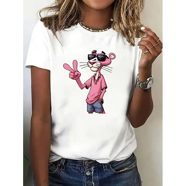 Camiseta informal con estampado de dibujos animados para mujer. Cuello redondo con estampado de la Pantera Rosa. Top deportivo de moda. Ideal para uso casual y para estar en casa. Regalo perfecto para