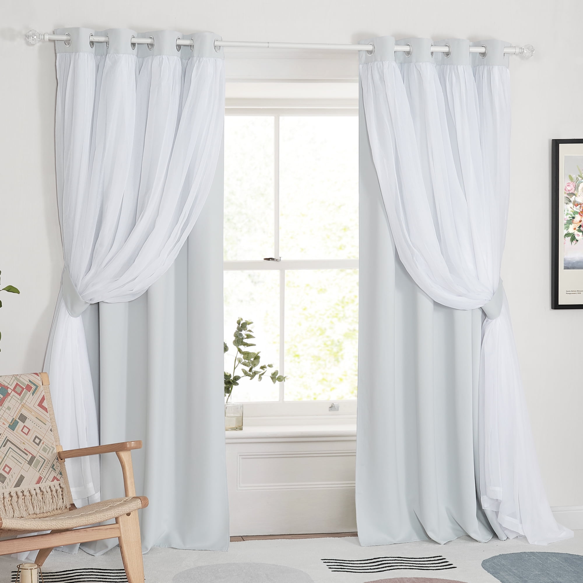 NICETOWN Blackout Double Layer White Curtains with Sheer for Bedroom Pravicy Grommet Solid Room Darkening Drapes, W52 x L84, Set of 2, Greyish White