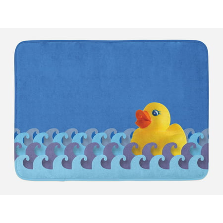 Rubber Duck Bath Mat, Rubber Duck Floating on Paper Seem Water Waves Bathroom Time Childcare Image, Non-Slip Plush Mat Bathroom Kitchen Laundry Room Decor, 29.5 X 17.5 Inches, Multicolor,
