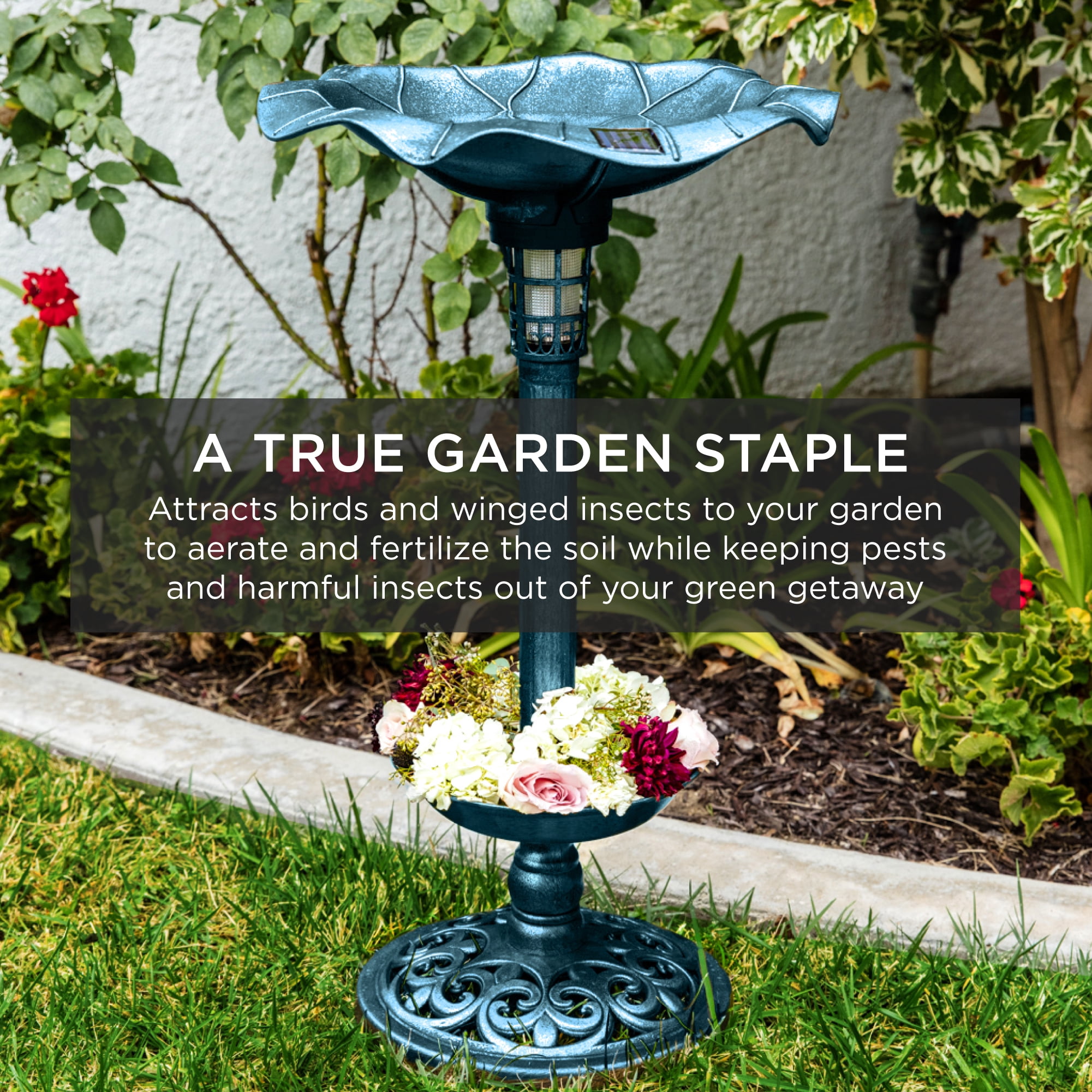 Best Choice Products Solar Lighted Pedestal Bird Bath w/ Planter, Integrated Panel - Peacock Blue