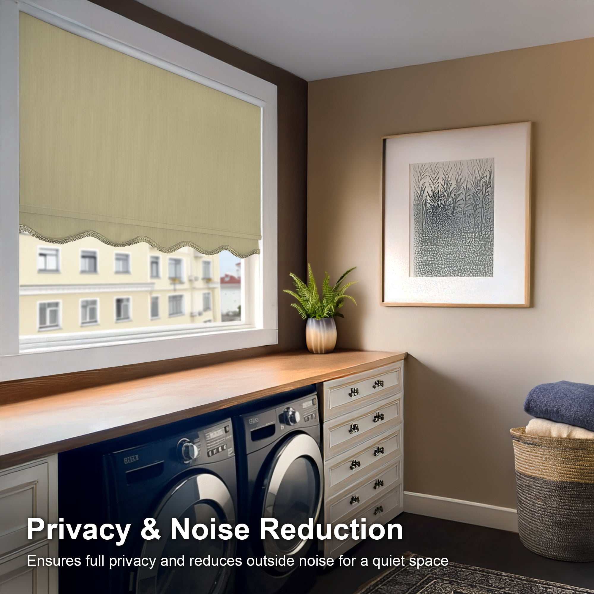 Chicology Textured Blackout Roller Shades with Fringe | Cordless Light Filtering Window Blinds |42.25"W X 64"H | Decorative Privacy Shades for Home & Office | Easy Install | Cream