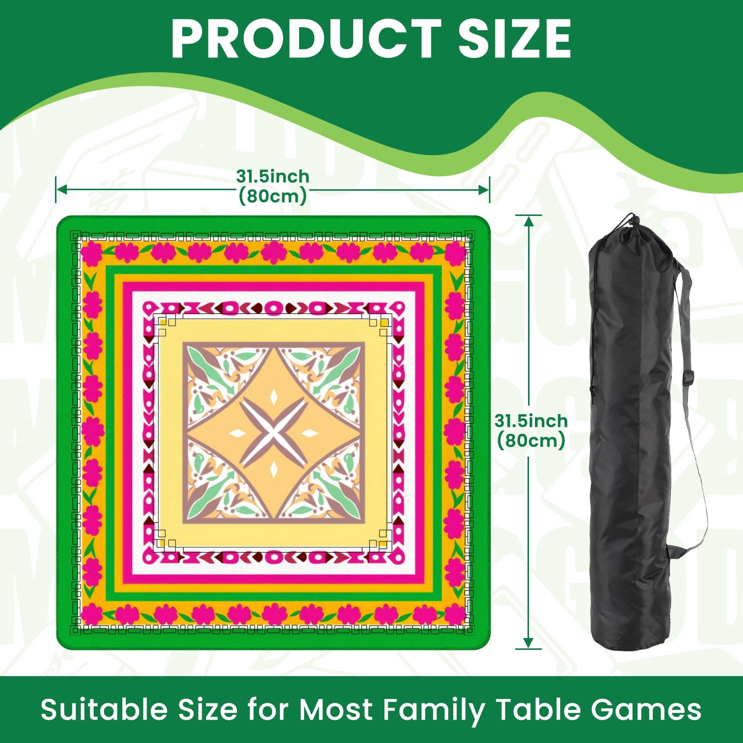Mahjong Mat 31.5" x 31.5" Vibrant Geometric Floral Pink Green Yellow Symmetrical Design Non-Slip Noise Reduction American Mahjong Tiles Table Cover for Dominoes Poker Card Board Games Gift