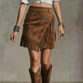 thumbnail image 3 of MORTTIC Women's Western Fringe Skirt Solid Color Denim-Look Pencil Mini with Decorative Pockets For Vacation Dark Brown，S, 3 of 5