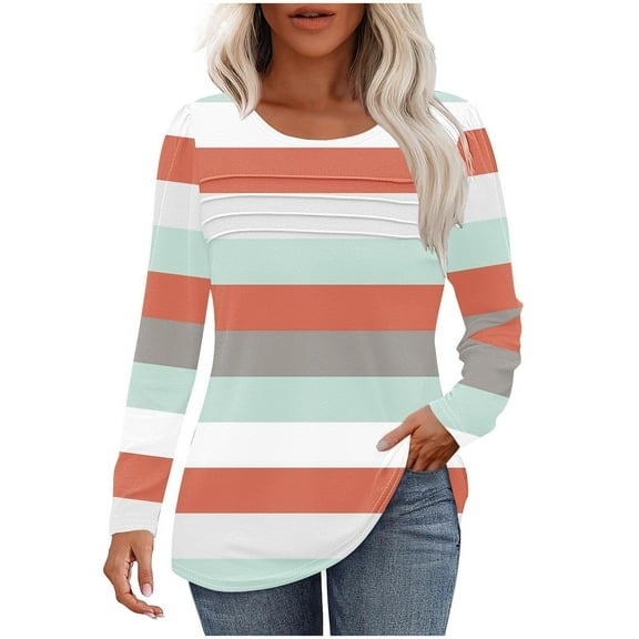 JIUKE Long Sleeve Shirts for Women Fall Casual Striped Tunic Tops Color Block Loose Basic Blouses Orange XL