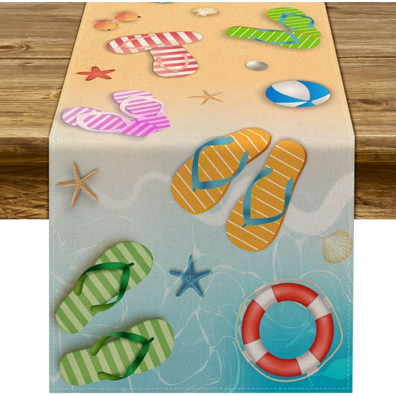 Summer Beach Table Runner Flip Flops Seaside Themed Birthday Seasonal Holiday Party Kitchen Dinning Room Home Decoration (13.8" x 71")