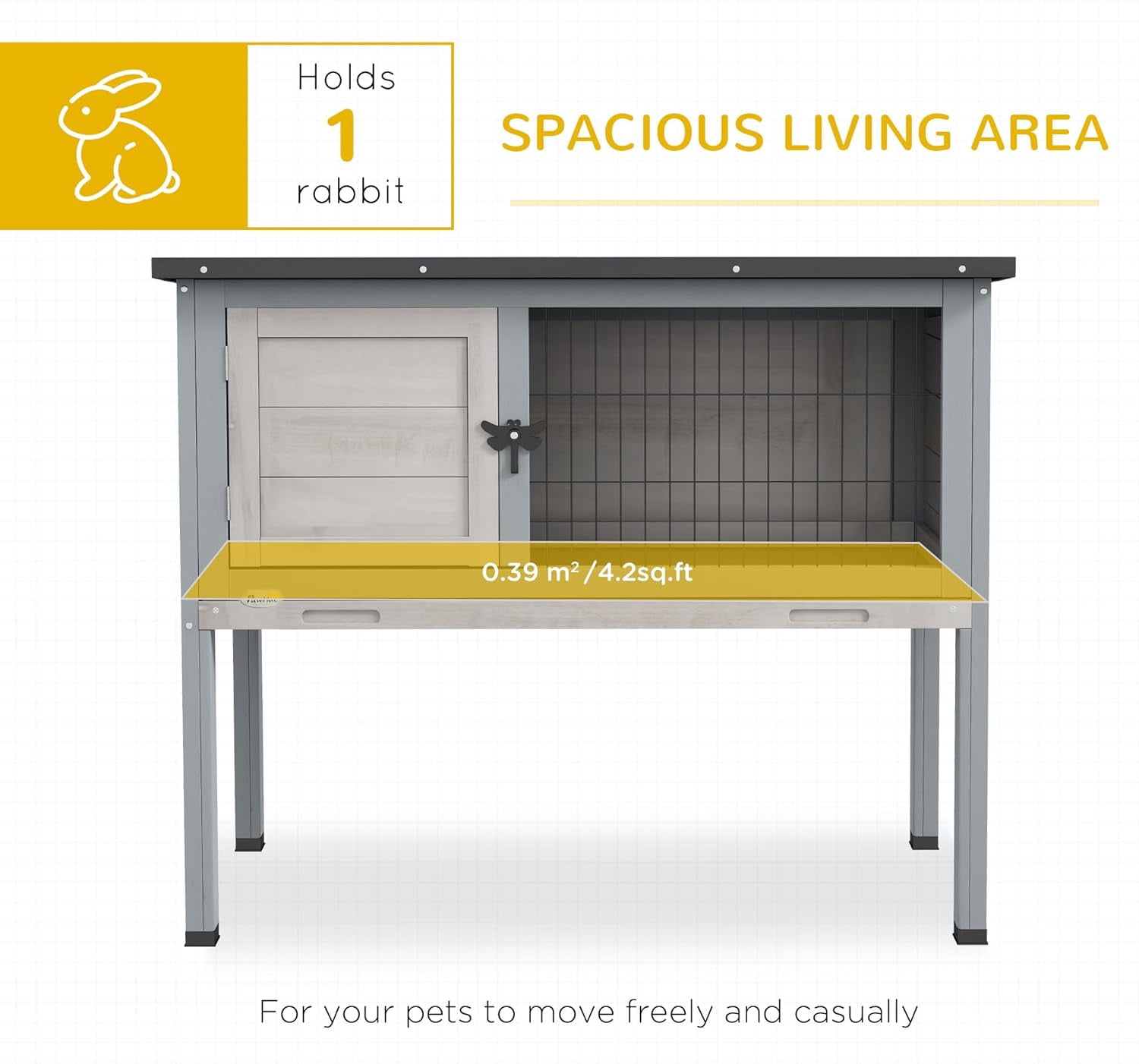 LEHOME Elevated Wooden Rabbit Hutch, Indoor/Outdoor Bunny Cage with Hinged Asphalt Roof and Removable Tray for Guinea Pig, Light Gray