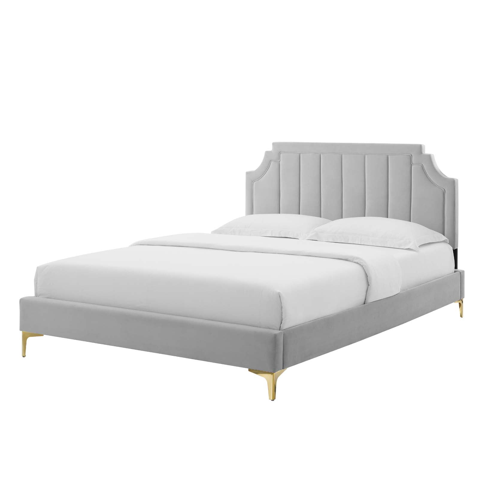 Platform Bed Frame, Queen Size, Velvet, Light Grey Gray, Modern Contemporary Urban Design