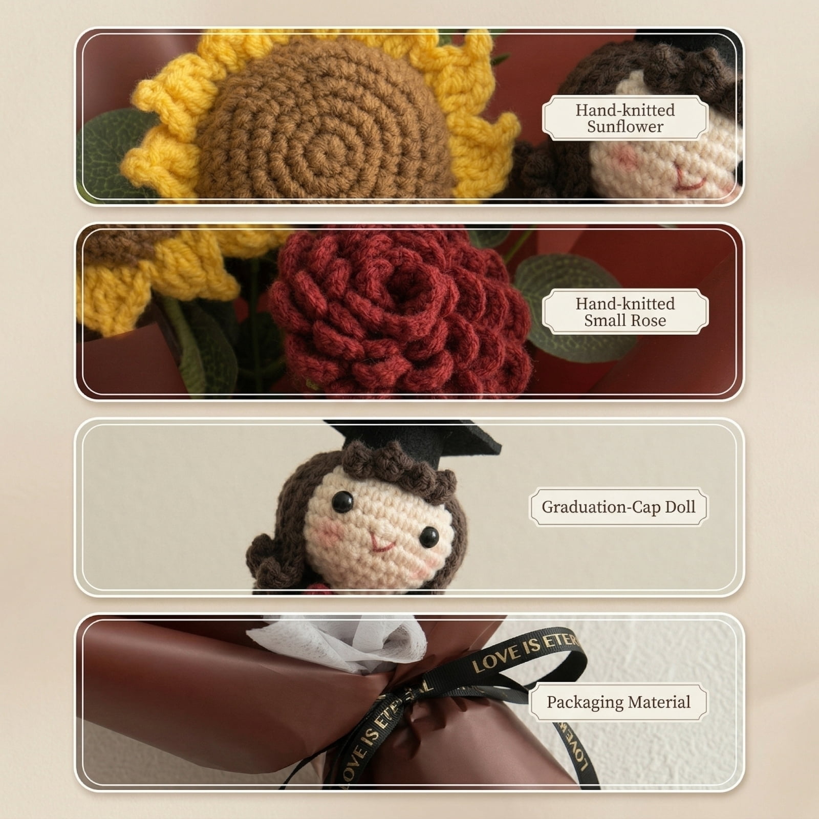 Handmade Crochet Sunflower Bouquet Graduation Cap Decorations Graduation Gifts Crochet Flower Bouquet with Brown Floral Wrapping Paper and Graduation Ribbon for Graduation Decor