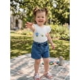 thumbnail image 5 of BemeyourBBs Toddler Baby Girls 2 Piece Summer Clothes Infant Baby Girl Denim Outfit Ruffle Short Sleeve 3D Flower Decor Ribbed Shirt Tops and Pockets Jeans Denim Shorts Sets, 5 of 9