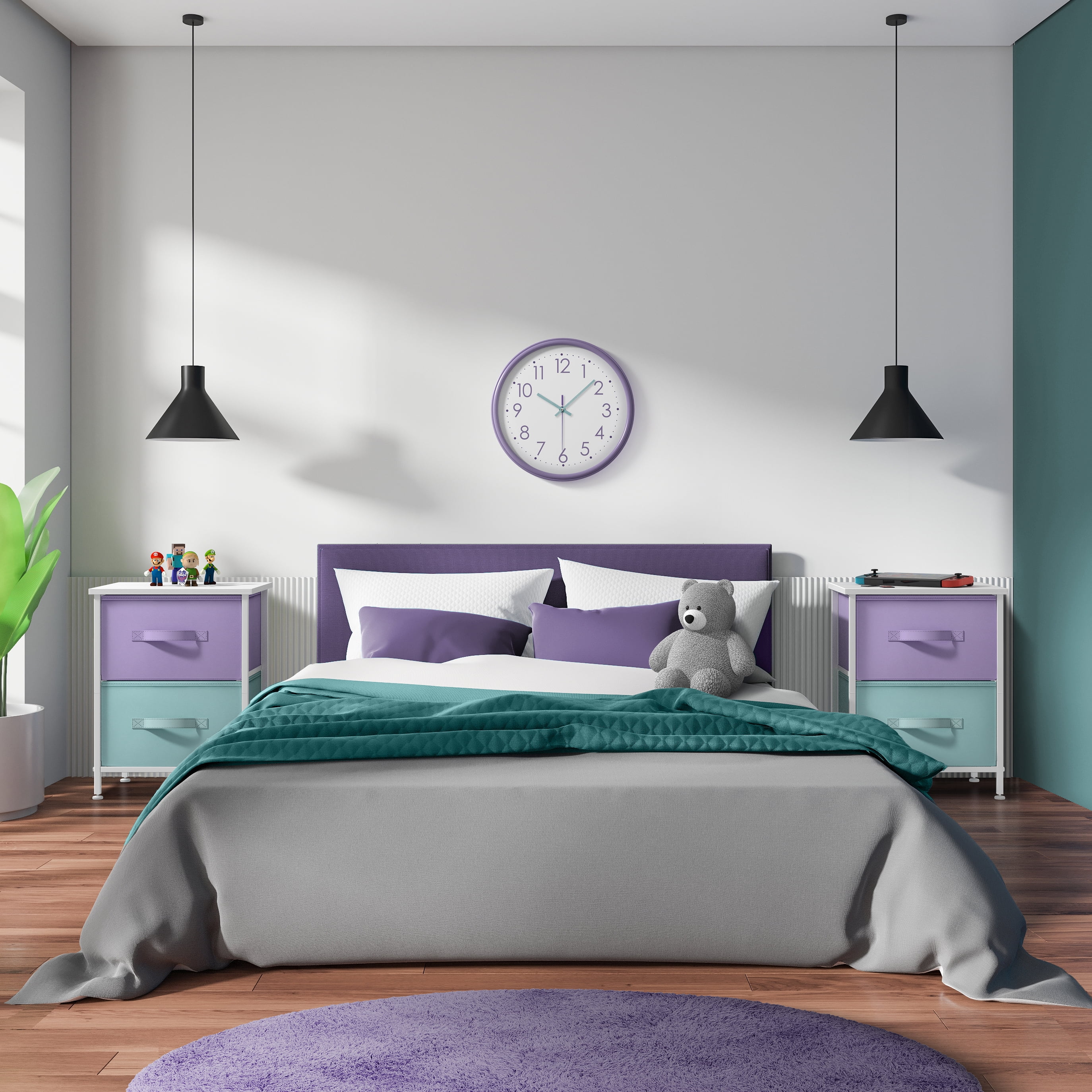 Sorbus 2-Drawer Nightstand 2-Pack – Purple/Aqua Bedside Table for Kids, Dorm, Bedroom, Office