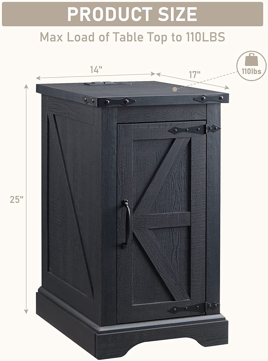 T4TREAM Farmhouse Nightstand with Charging Station, Wood End Table Side Table, Black