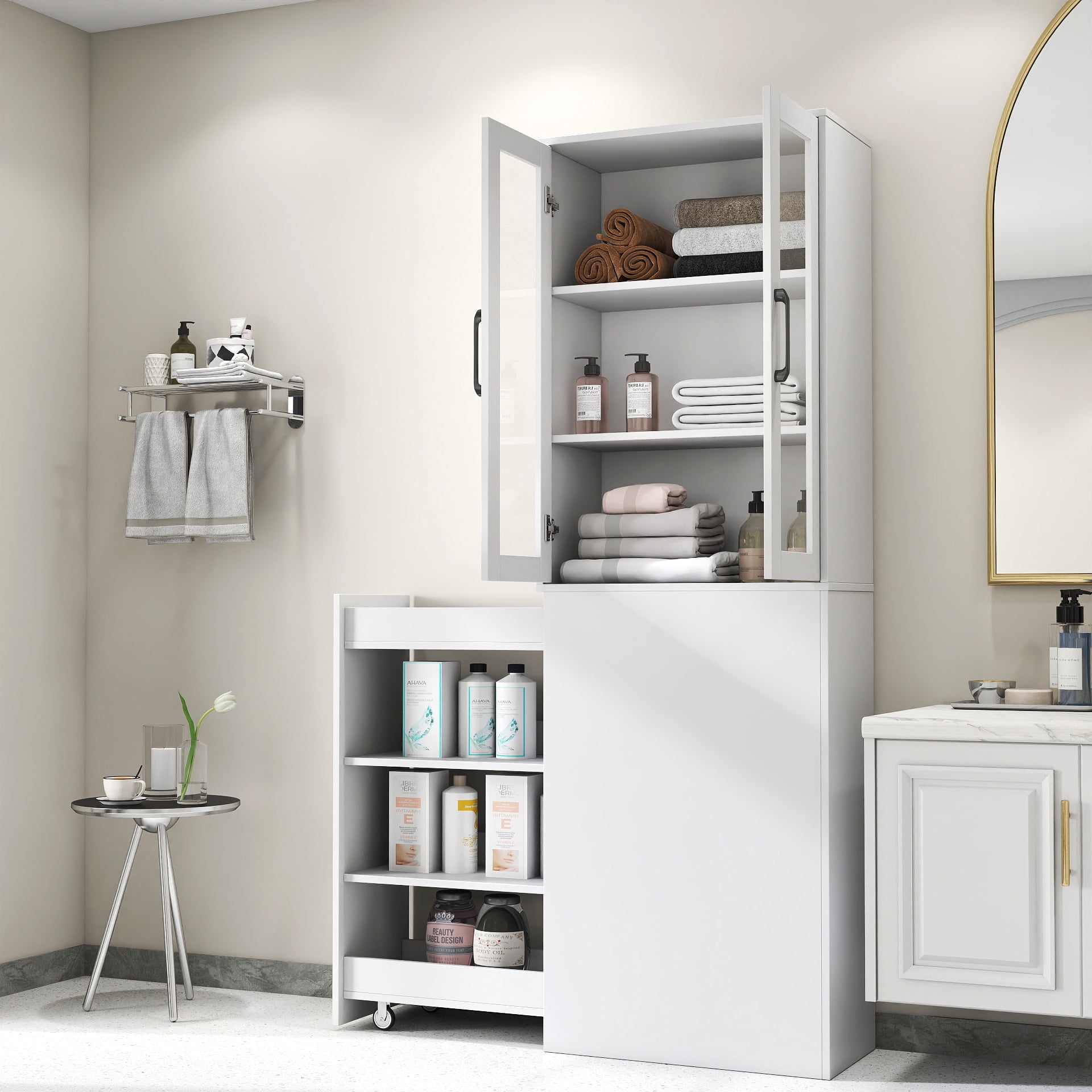 Display Storage Cabinet 4-Tier Pull-Out Shelf with 2 Glass Doors for Kitchen Living Room, White