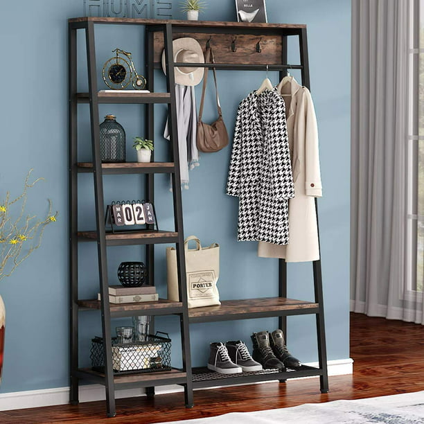 Tribesigns Industrial Entryway Hall, Espresso Entryway Mini Hall Tree With Mirror Coat Hooks And Storage Bench