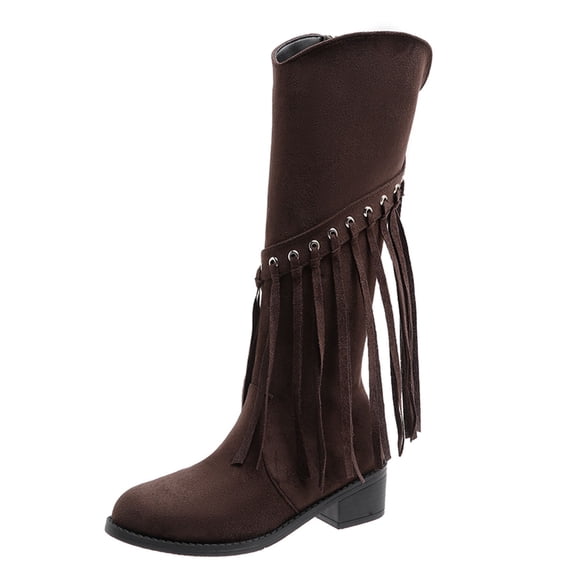 Women's Mid - Calf Motorcycle Boots, 3-5CM - Heel Thick - Sole Retro Cowboy Boots with Side Zipper & Tassels, Vintage Fashion Footwear