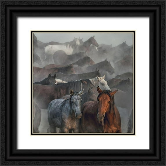 Taskin, Huseyin 26x26 Black Ornate Wood Framed with Double Matting Museum Art Print Titled - Two Horses