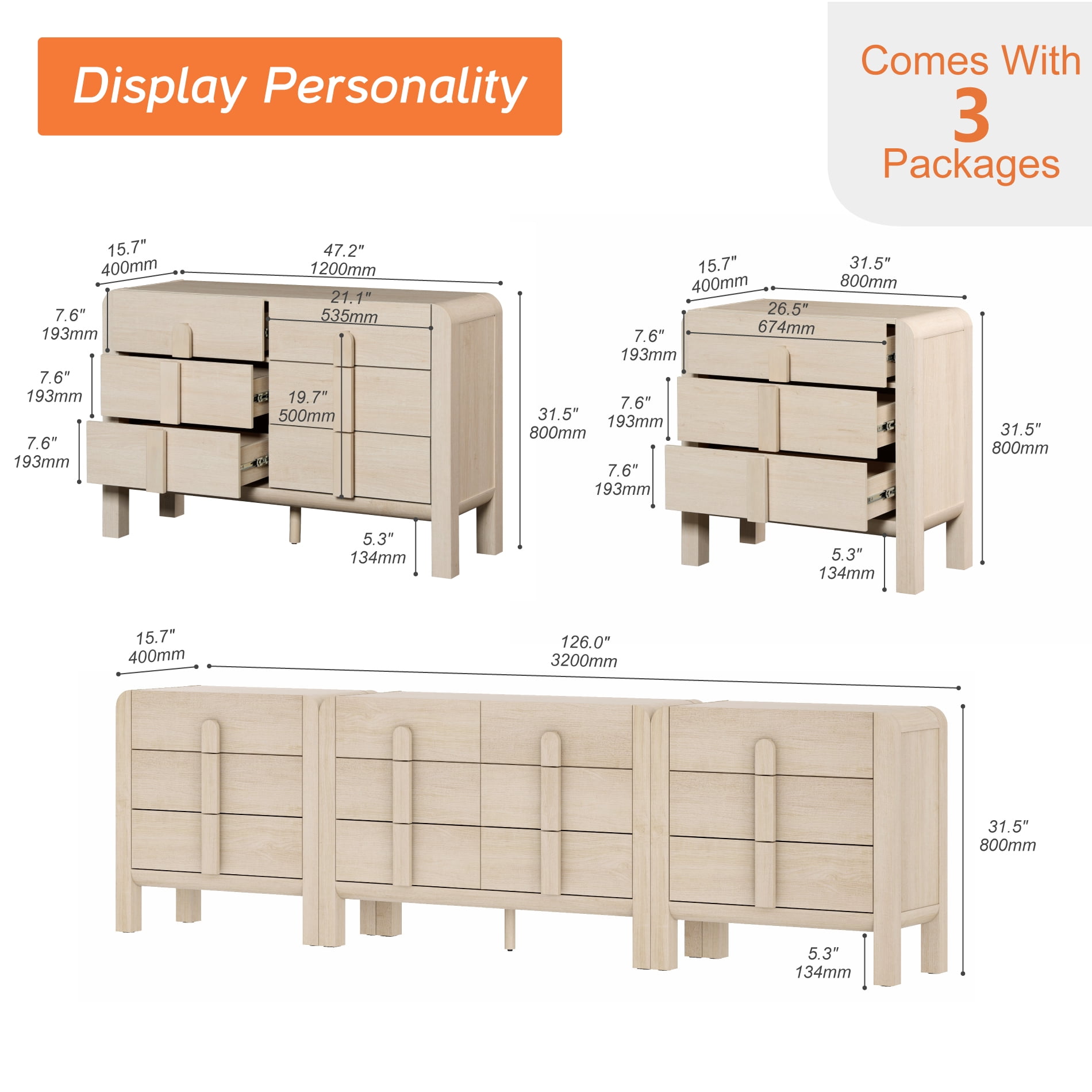 Modern Dresser TV Stand for TVs up to 120 inch, 3-in-1 Mid Century Entertainment Center with Storage, Wood Media Console Table with 12 Drawers for Living Room Bedroom