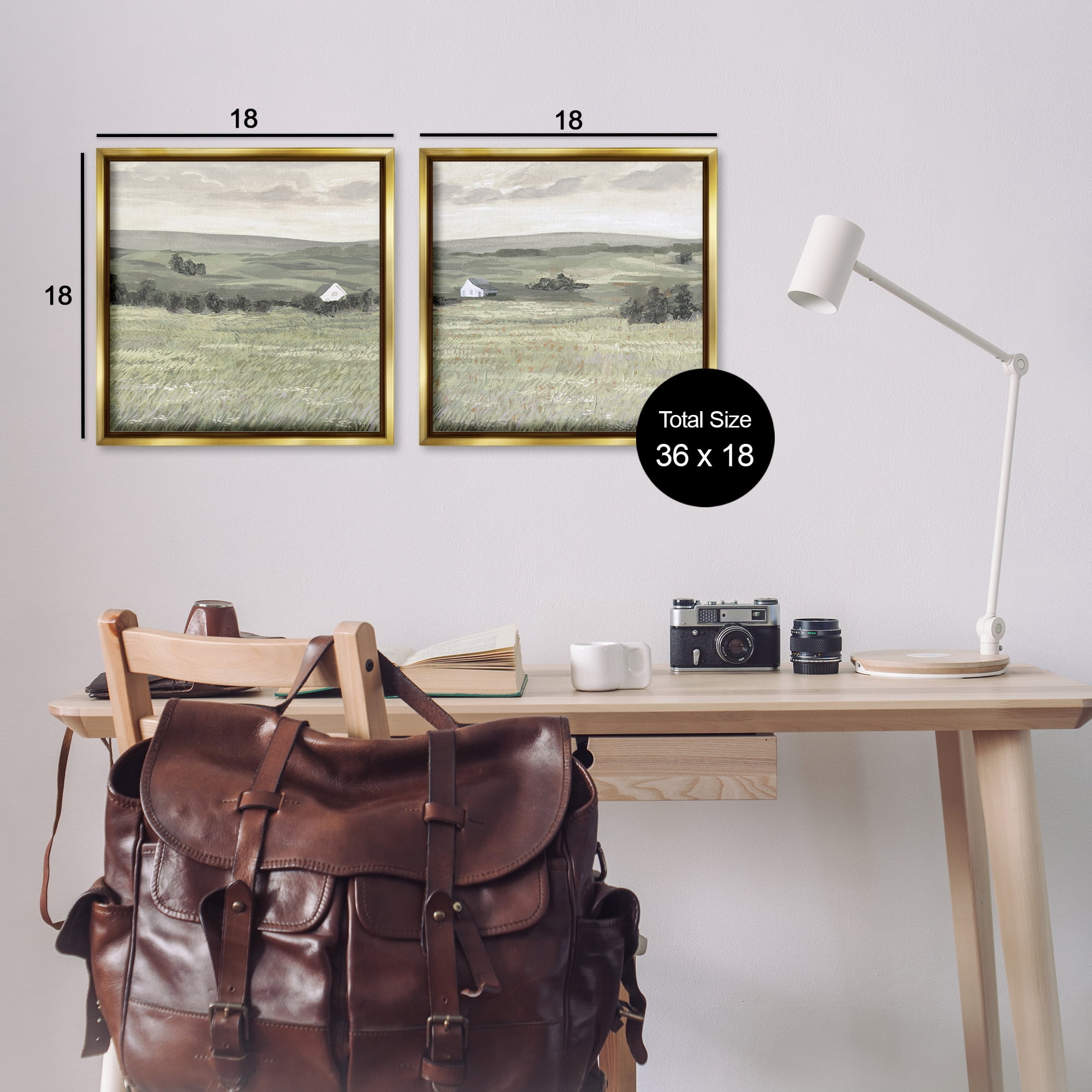 Stupell Industries Traditional Distant Farmhouse Field Landscape & Nature Painting Gold Floater Framed Canvas Art Print Wall Art, 18 x 18, Set of 2