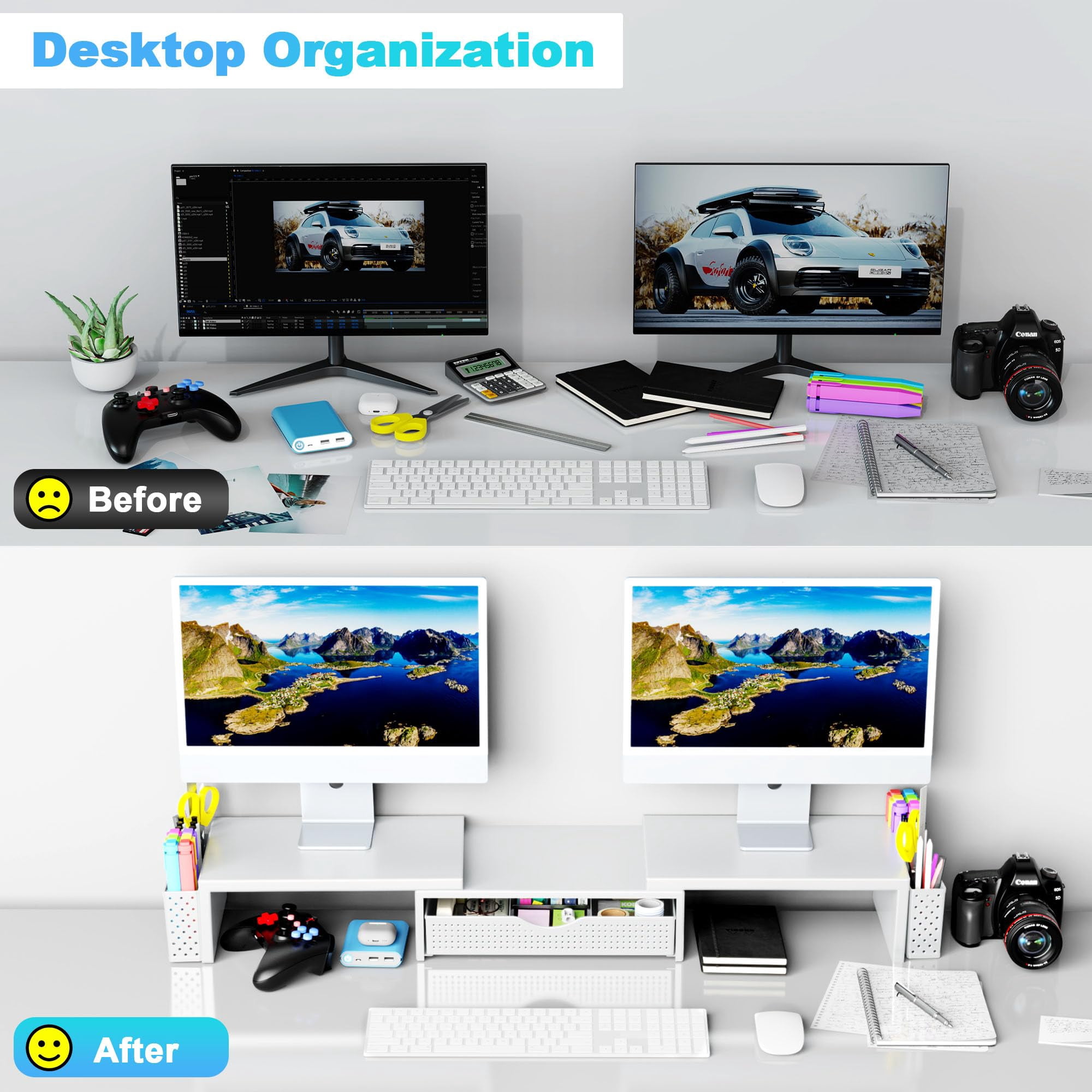 Metal Desk Organizers And Accessories  Dual Monitor Stand Riser With Drawer 2 Pen Holders & Workspace Desktop For Office Supplies (white)