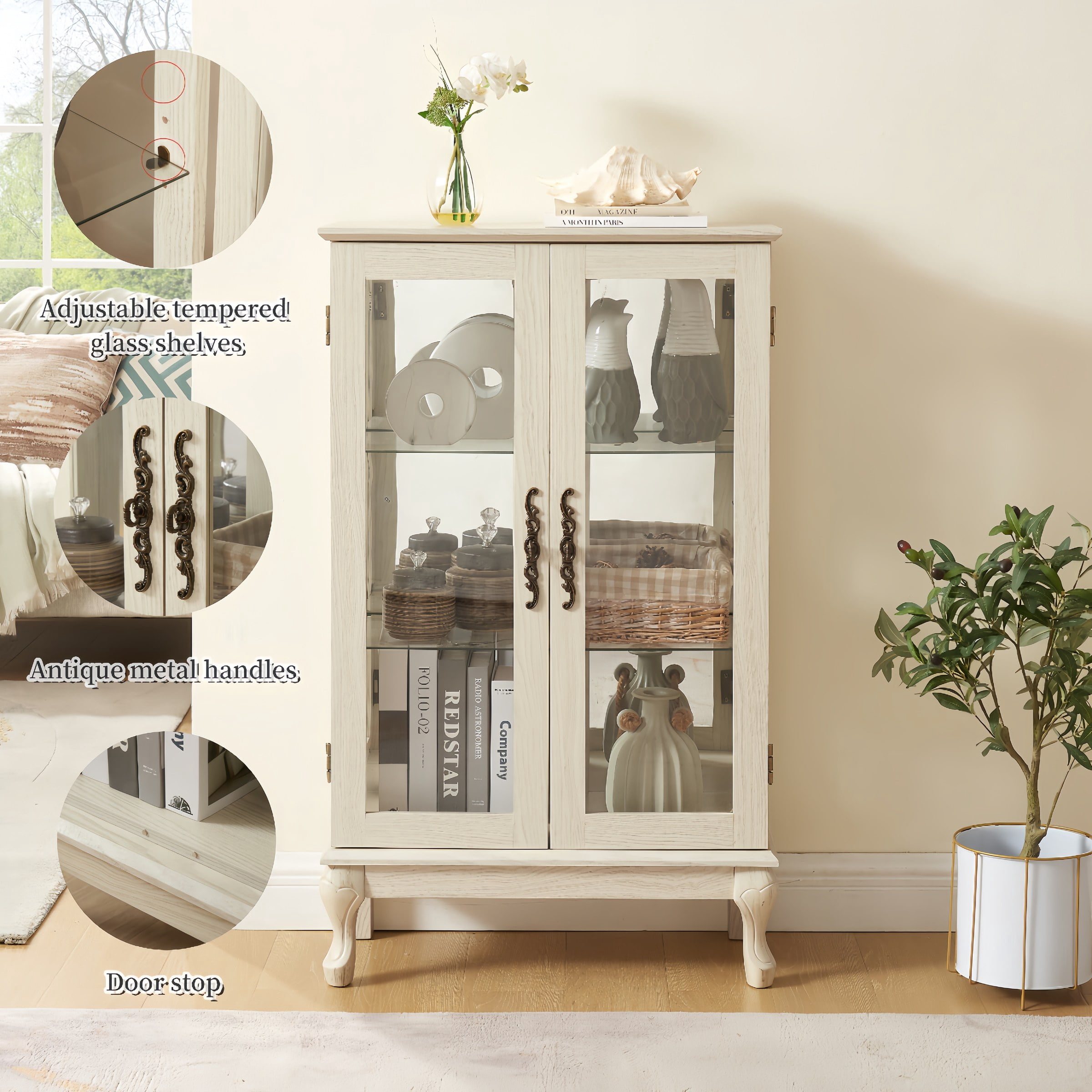 2-Door Curio Cabinet with Tempered Glass Doors, Mirrored Back Panel, Adjustable Shelves, Lighted Display Cabinet, White