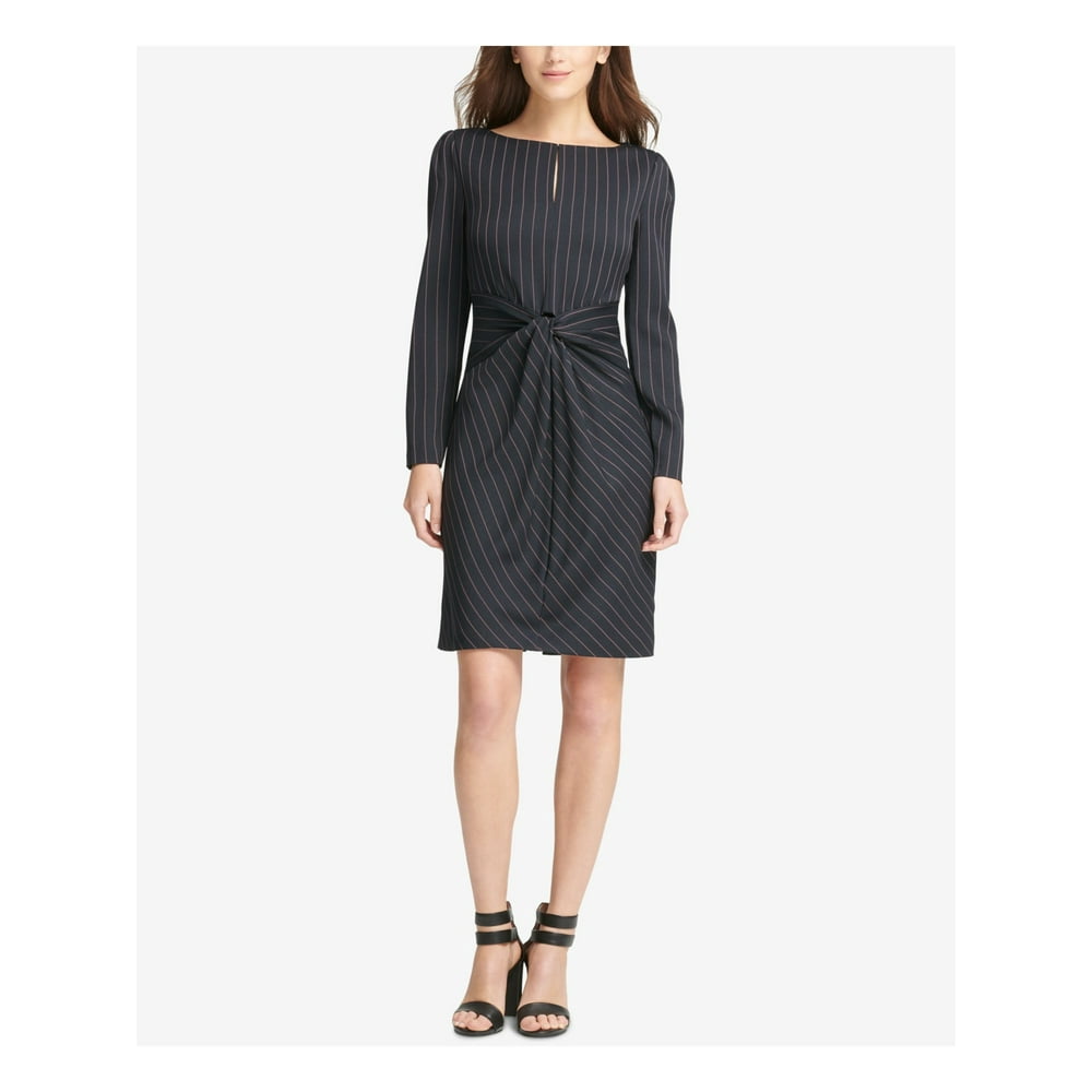 DKNY DKNY Womens Black Pinstripe Twist Front Long Sleeve Boat Neck