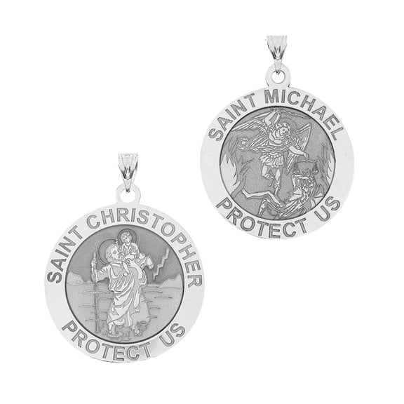 PicturesOnGold.com Saint Christopher and Saint Michael Double sided Medal Unisex Female Adult - 2/3 inch Size of a Dime - Solid 14K White Gold