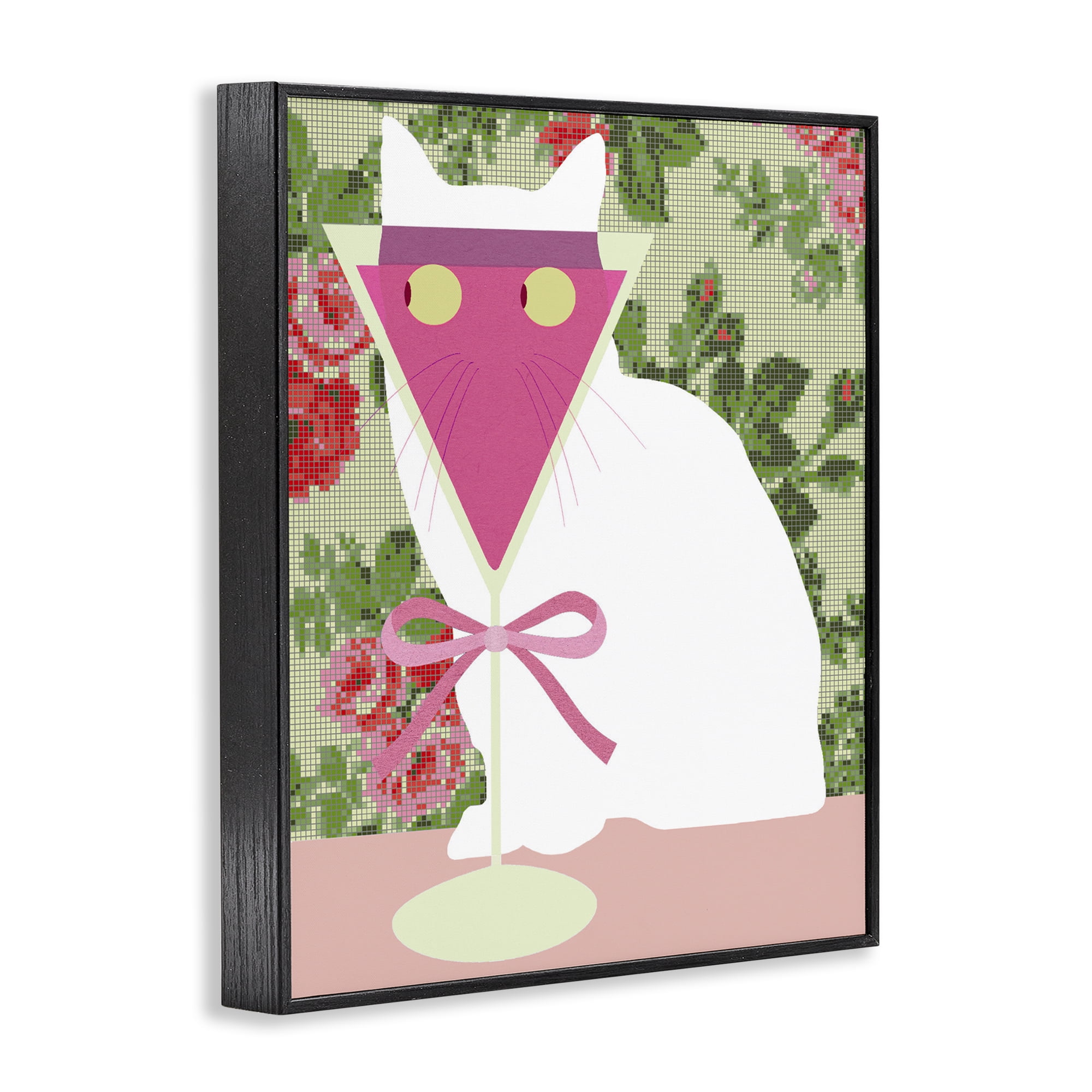 Stupell Industries White Cat with Pink Martini Black Framed Giclee Art, design by Lil' Rue