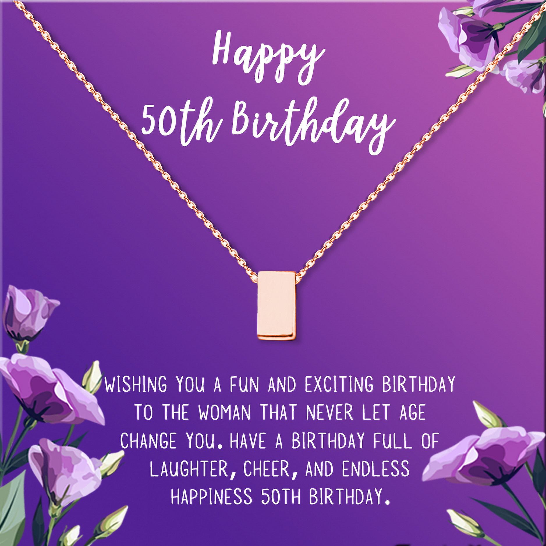 Anavia Happy 50st Birthday Gifts Stainless Steel Fashion Necklace Birthday Card Jewelry Gift for Her, Birthday Gift for Grandma-[Rose Gold Cube, Royal Purple Gift Card]