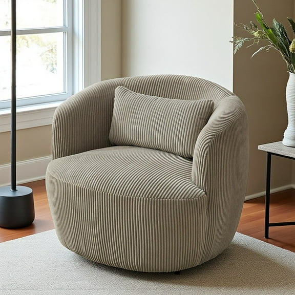 Hassch Corduroy Upholstered 360° Swivel Barrel Chair with Pillow and Metal Base, Wide Accent Armchair for Living Room, Bedroom, Lounge & Office (Light Gray)