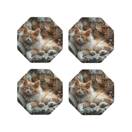 

Fuzoiu Serene Kitten Kingdom Print Leather Coasters Set Drink Coasters Set of 4 for Tabletop Protection Durable PVC Coasters Home Décor and Housewarming Gift-Octagon