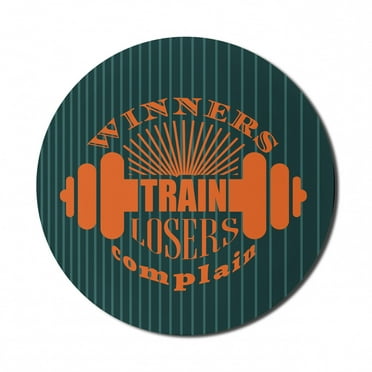 Fitness Mouse Pad for Computers, Winners Train Losers Complain Words Design Dumbbell Bodybuilding, Round Non-Slip Thick Rubber Modern Gaming Mousepad, 8" Round, Petrol Blue Teal Orange, by Ambesonne