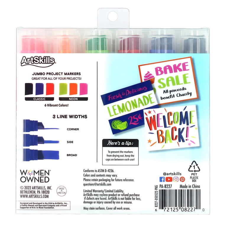 ArtSkills Jumbo Chisel-Tip Markers, 6-Pack, Assorted Neon