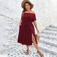 thumbnail image 2 of AURA Women Off Shoulder Beach Midi Dress High Waist Wine Red, A Line Split Knit 1XL-3XL, 2 of 7
