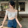 thumbnail image 1 of Women‘s Off Shoulder Frill Knot Front Knit Short Sleeve Crop Tops, 1 of 3