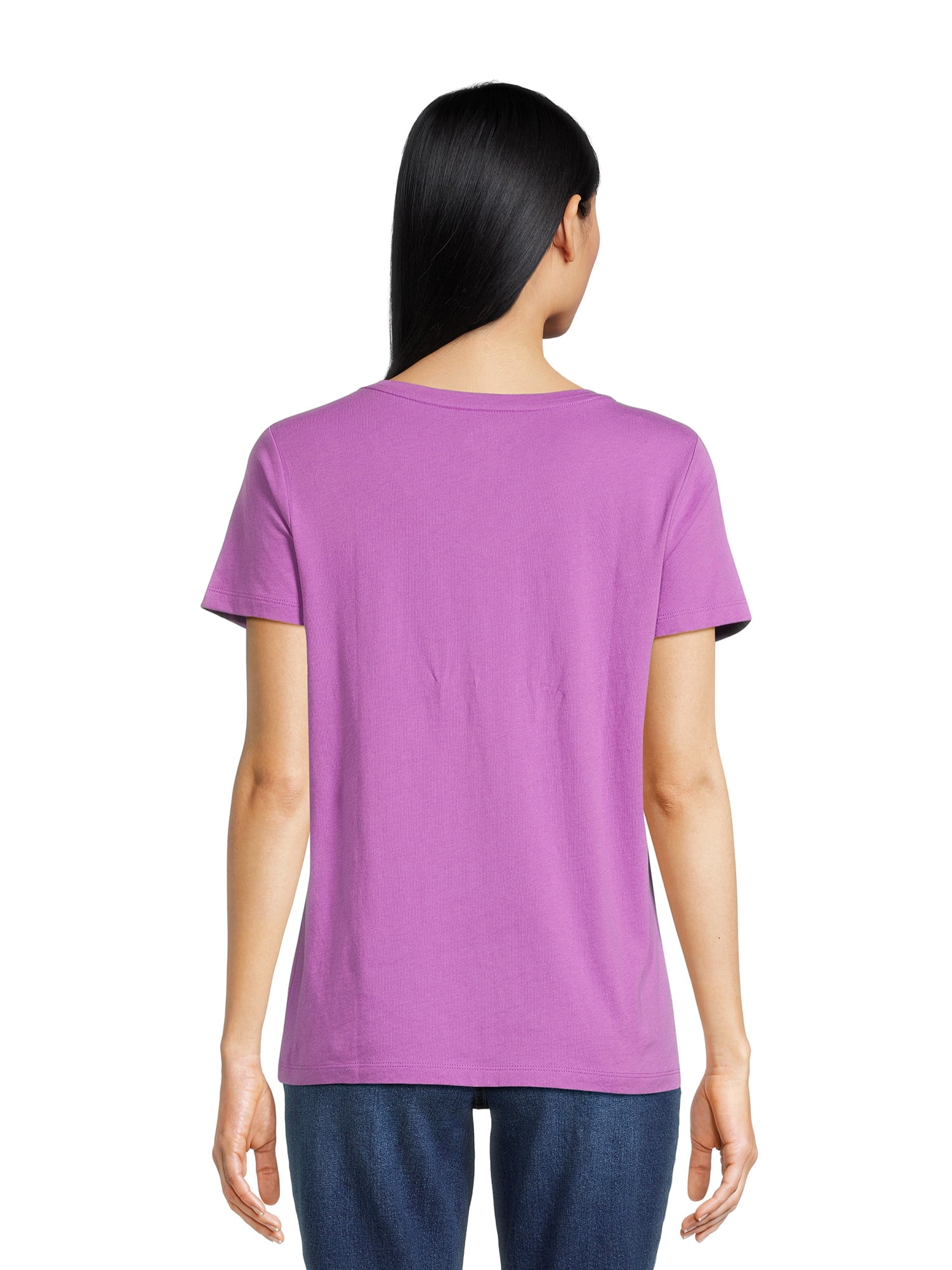 Time and Tru Women's Cotton V-Neck Tee with Short Sleeves, Sizes XS-XXXL